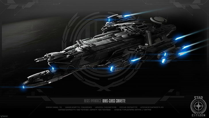illustrazione nera di veicoli spaziali, Robert Space Industries, Corvette, Idris, astronave, Star Citizen, Aegis Dynamics, videogiochi, Sfondo HD