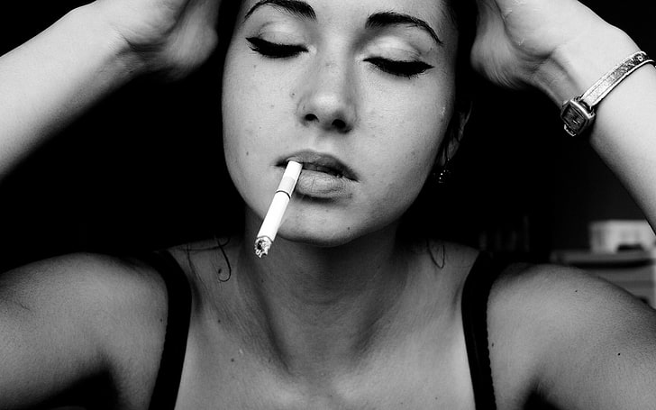women, smoking, monochrome, black bras, cigarettes, HD wallpaper