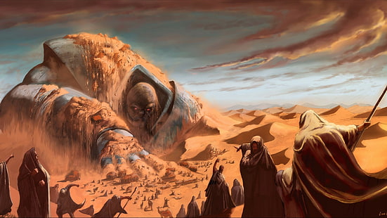 bataille, désert, fantaisie, monstre, Ramondelli, sable, lance, armes, Fond d'écran HD HD wallpaper