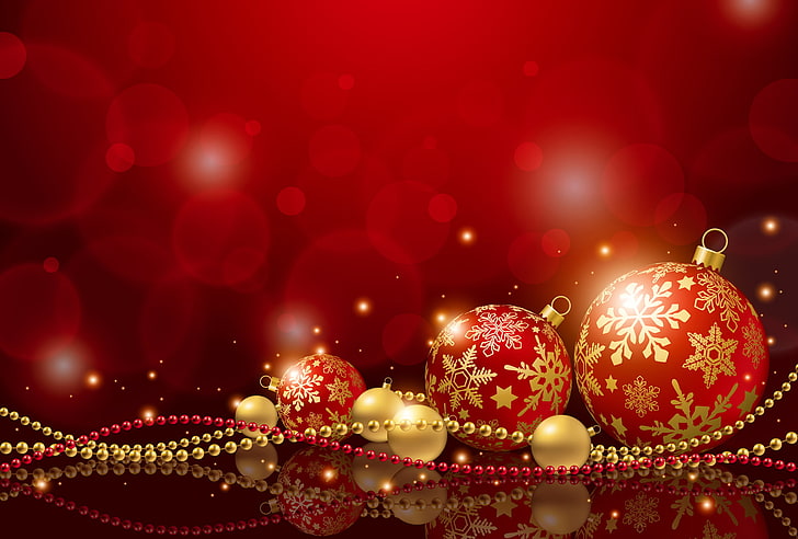 papel de parede digital de três bugigangas de vermelho e dourado, bolas, decoração, férias, ano novo, natal, HD papel de parede