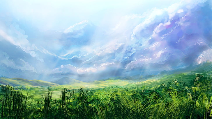 поле със зелена трева, тревно поле под облачно небе, произведения на изкуството, природа, облаци, небе, трева, HD тапет