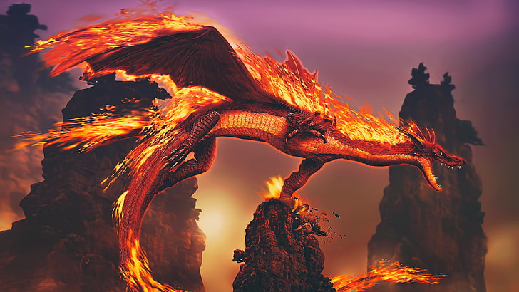 carta da parati digitale drago rosso, fantasy art, artwork, drago, notte, fuoco, Sfondo HD
