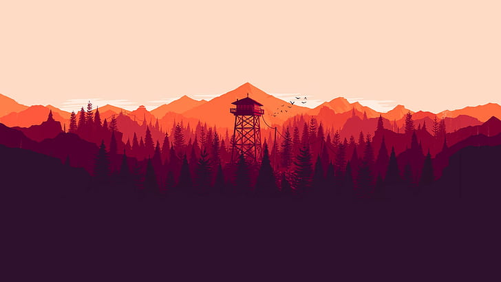 illustration, nature, mountains, tower, artwork, video games, landscape, fire lookout tower, colorful, minimalism, forest, low poly, digital art, Firewatch, Olly Moss, HD wallpaper