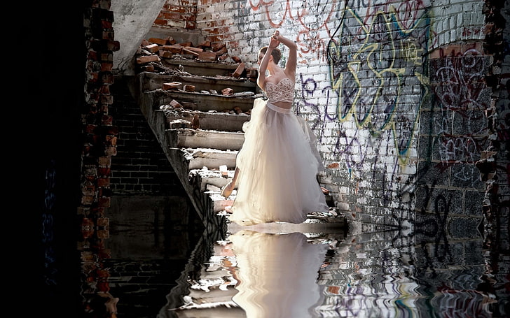 women, model, stairs, reflection, ballerina, ruin, HD wallpaper