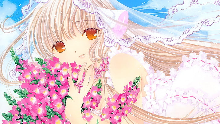 anime, anime girls, blonde, long hair, smiling, flowers, looking at viewer, Chobits, Chii, HD wallpaper