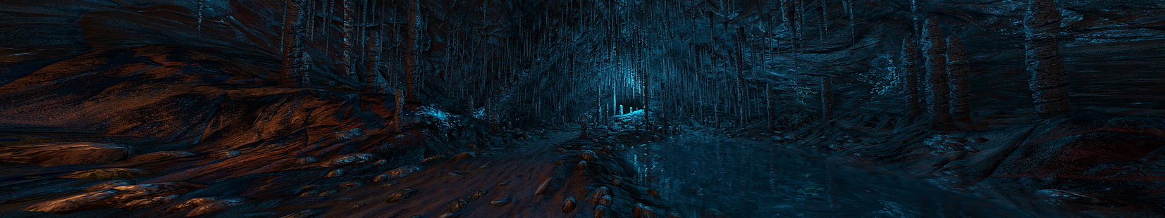 Ilustración de cuerpo de agua y cueva, pantalla múltiple, pantalla triple, cueva, videojuegos, Fondo de pantalla HD HD wallpaper