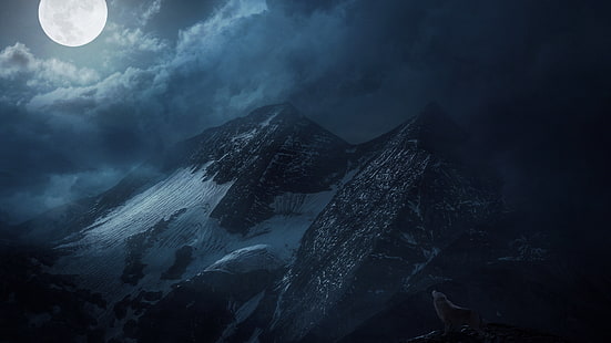 krajobraz górski, chmury, śnieg, góry, noc, księżyc, wilk, Tapety HD HD wallpaper