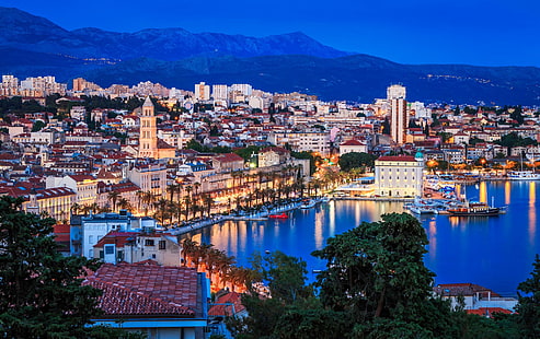 море, град, светлини, кула, дом, вечер, панорама, Хърватия, Сплит, HD тапет HD wallpaper