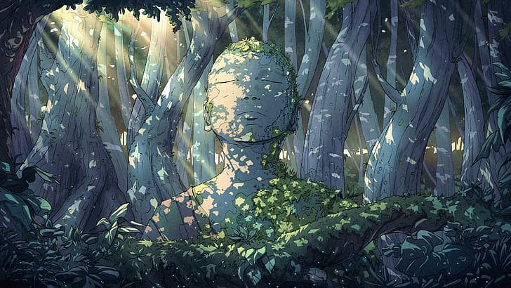 digital, digital art, illustration, artwork, drawing, Voyager (Artist), fantasy art, Ukiyo-e, nature, landscape, forest, trees, HD wallpaper