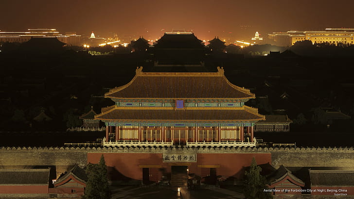 Widok z lotu ptaka na Zakazane Miasto w nocy, Pekin, Chiny, Azja, Tapety HD