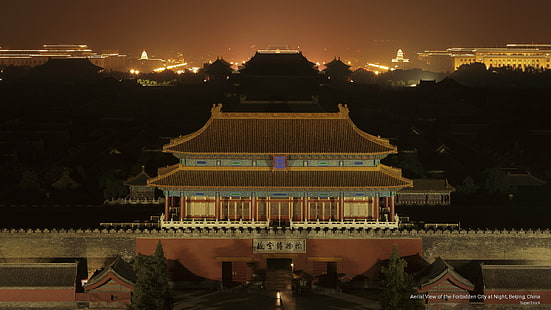 Въздушен изглед на Забранения град през нощта, Пекин, Китай, Азия, HD тапет HD wallpaper