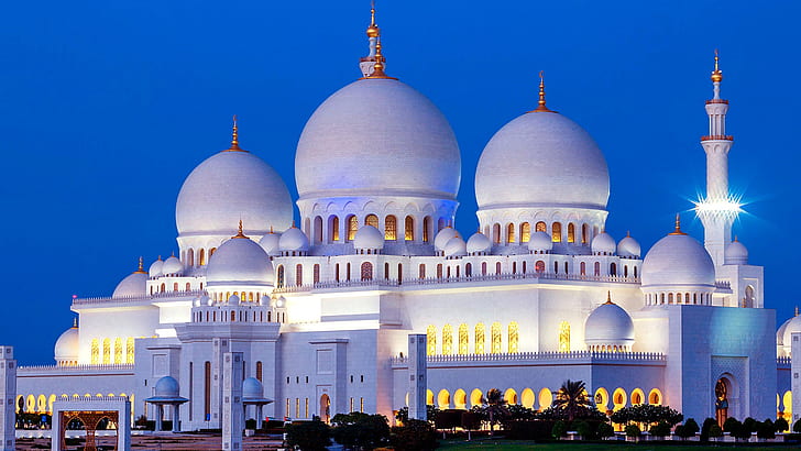 джамия шейх Зайд, джамия, здрач, нощ, вечер, голяма джамия, джамия шейх Зайд, място за поклонение, Азия, ОАЕ, Абу Даби, Обединени арабски емирства, HD тапет