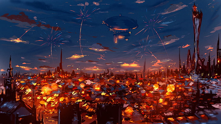 sfondo di fuochi d'artificio, edifici sotto illustrazione dirigibile, pittura, arte digitale, colorato, paesaggio urbano, Sfondo HD