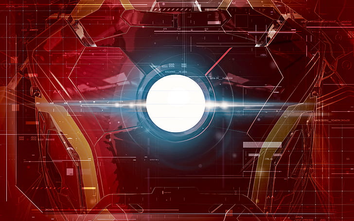 Iron Man, interfaces, Arc Reactor, fondo rojo, superhéroe, brillante, The Avengers, Marvel Comics, líneas, tecnología, disfraces, Avengers: Age of Ultron, Fondo de pantalla HD