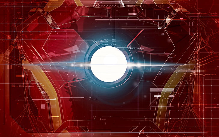Marvel Iron Man Brustplatte Illustration, rot und blau Iron-Man-Grafik, The Avengers, Avengers: Age of Ultron, Superheld, Kostüme, Linien, Technologie, Marvel Comics, glühend, Iron Man, roter Hintergrund, Schnittstellen, Arc Reactor, HD-Hintergrundbild