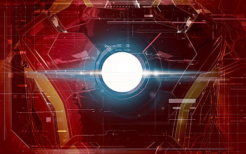 Ilustrasi pelat dada Marvel Iron Man, seni grafis Iron-man merah dan biru, The Avengers, Avengers: Zaman Ultron, superhero, kostum, garis, teknologi, Marvel Comics, berpijar, Iron Man, latar belakang merah, antarmuka, Arc Reactor, Wallpaper HD HD wallpaper