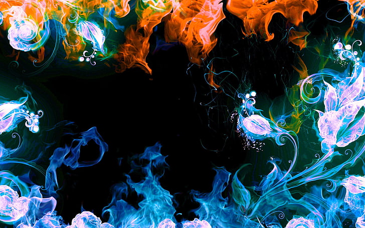 orange and blue frame clip art, background, fire, flame, pattern, smoke, gas, HD wallpaper