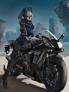 灰色のヤマハスポーツバイクの壁紙、アニメ、アニメの女の子、ヤマハ、ヤマハYZF R1、オートバイ、短い髪、白髪、黄色目、鎧に乗っている女の子、 HDデスクトップの壁紙 HD wallpaper