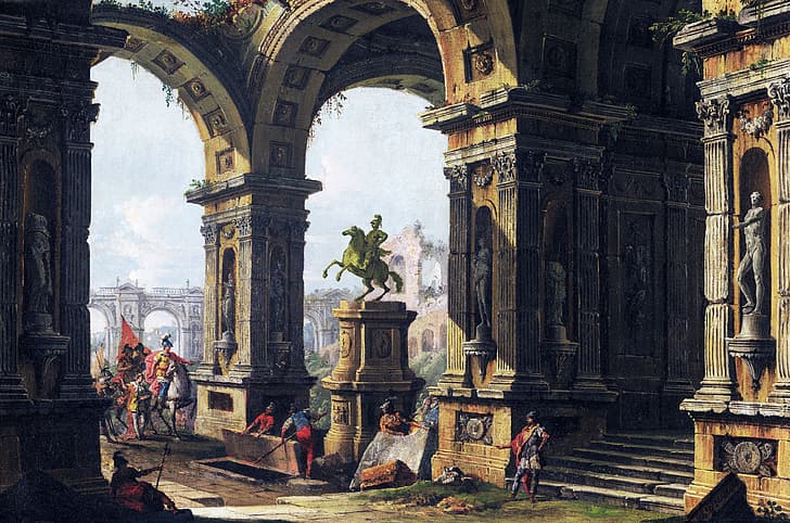 Alexandre visitando a tumba de Aquiles, Antonio Joli, Alexandre o Grande, grego, pintura, arte clássica, HD papel de parede