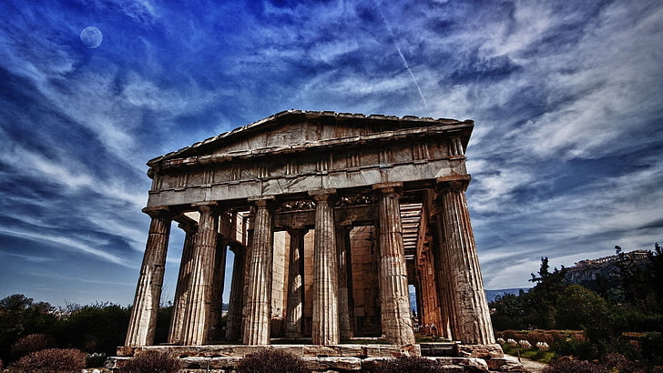 graues konkretes Gebäude, HDR, Gebäude, Griechenland, Himmel, Mond, HD-Hintergrundbild