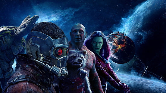 Guardianes de la galaxia, Guardianes de la galaxia vol.2, películas, Groot, Drax the Destroyer, Star Lord, Rocket Raccoon, Gamora, Zoe Saldana, espacio, planeta, Fondo de pantalla HD HD wallpaper