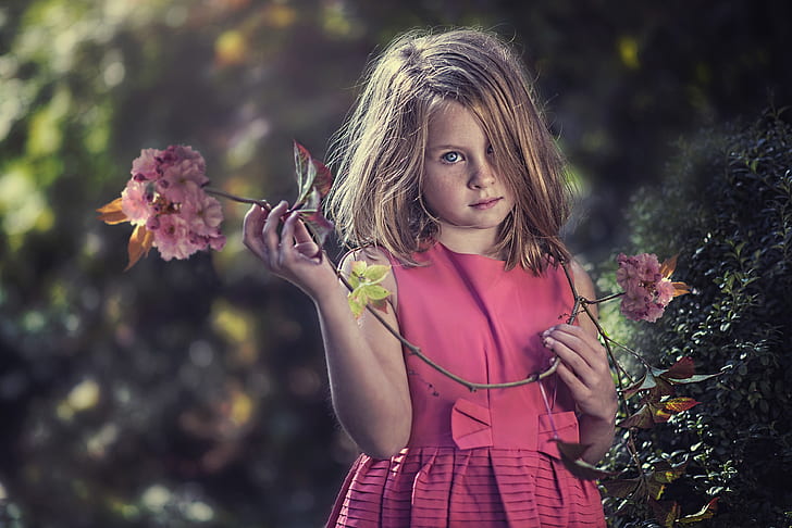 look, cherry, mood, branch, girl, freckles, red, redhead, flowers, freckled, HD wallpaper