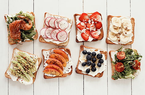 mat, bröd, stilleben, frukt, jordgubbar, bär, tomater, bacon, avokado, bananer, HD tapet HD wallpaper