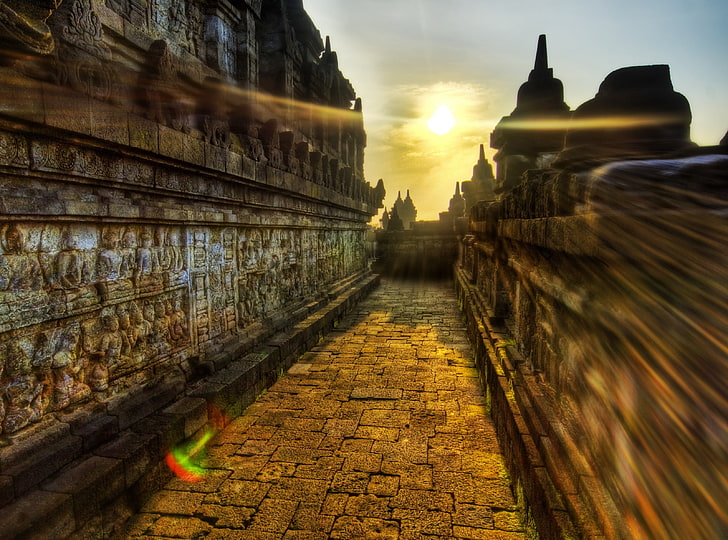 O templo budista de Borobudur, Indonésia, edifício de concreto cinza, Ásia, Indonésia, Cidade, Templo, antigo, budista, Borobudur, HD papel de parede