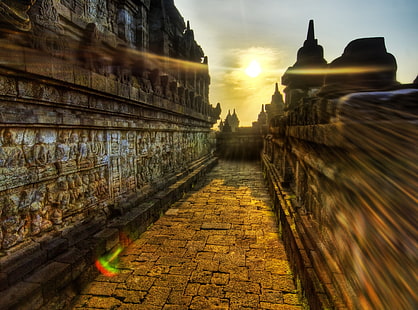 Будисткият храм на Боробудур, Индонезия, сграда от сив бетон, Азия, Индонезия, Град, храм, древен, будистки, Боробудур, HD тапет HD wallpaper