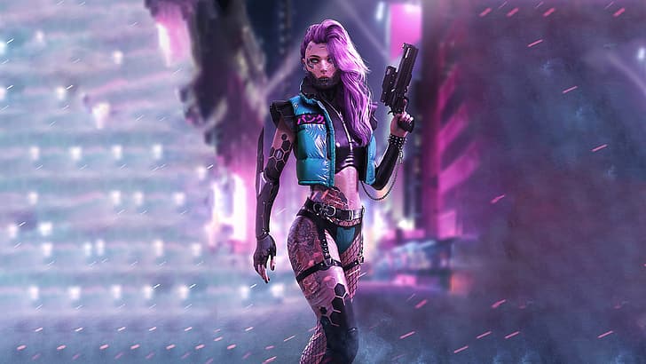 cyberpunk, Girl With Weapon, ciencia ficción, futurista, cyborg, Fondo de pantalla HD