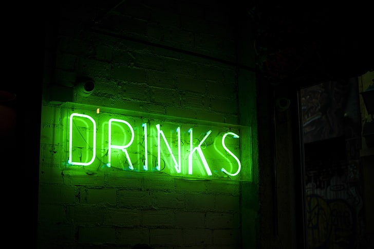 green DRINKS neon signage, light, green, the inscription, lamp, tube, neon, backlight, booze, drinks, neon lights, neon sign, HD wallpaper