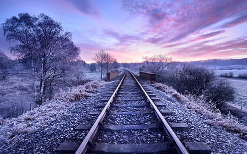 tren rayları, doğa, demiryolu, ağaçlar, kış, gün batımı, bulutlar, HD masaüstü duvar kağıdı HD wallpaper