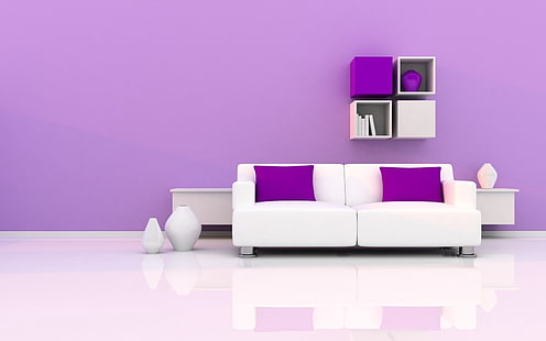 divano bianco a 2 posti, mensole, divano, cuscini, vasi, Sfondo HD HD wallpaper