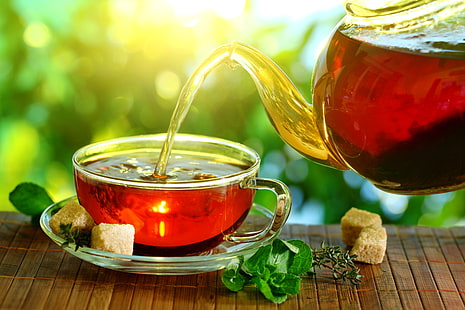 tasse de thé en verre clair, le soleil, la lumière, table, thé, bouilloire, sucre, morceaux, menthe, soudure, mat, Fond d'écran HD HD wallpaper