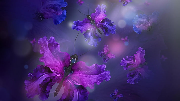 flower, lilac, purple, iris, butterflies, butterfly, abstract art, fantasy art, violet, irises, HD wallpaper
