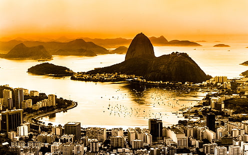 Brésil, Rio de Janeiro, vue de dessus de ville, côte, aube, brouillard, Brésil, Rio, Janeiro, ville, haut, vue, côte, aube, brouillard, Fond d'écran HD HD wallpaper