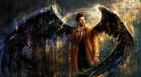 artwork, Castiel, drawing, painting, supernatural, wings, HD wallpaper HD wallpaper