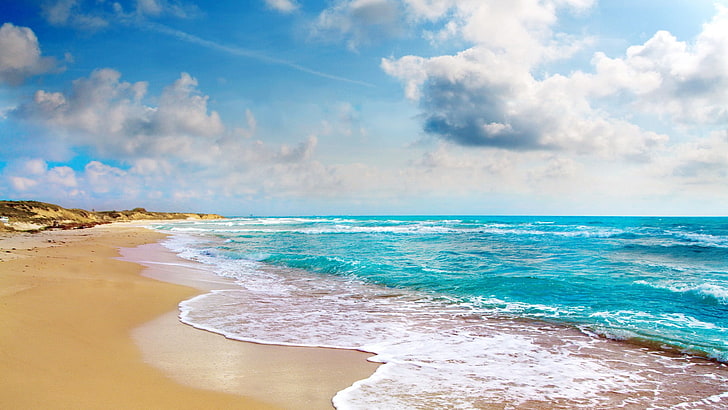 brown sand, beach, sky, sea, clouds, HD wallpaper