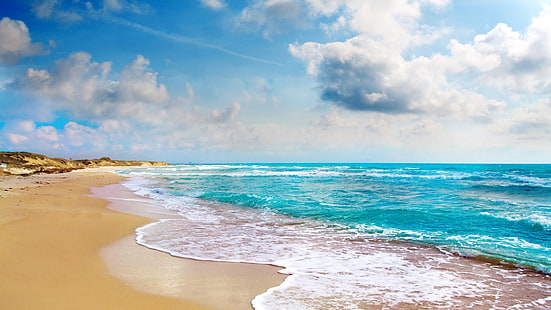 brauner Sand, Strand, Himmel, Meer, Wolken, HD-Hintergrundbild HD wallpaper