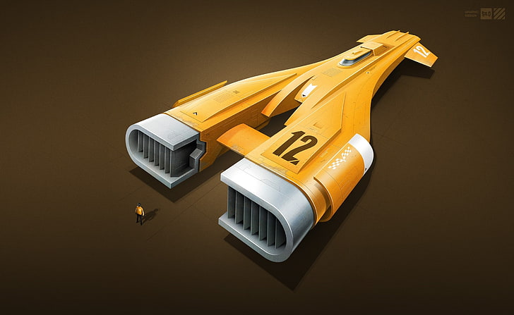 Spaceship Art, yellow and gray vehicle illustration, Artistic, 3D, spaceship, HD wallpaper