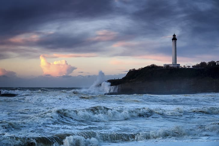 sea, storm, France, lighthouse, Cape, The Bay of Biscay, Biarritz, Bay of Biscay, New Aquitaine, HD wallpaper
