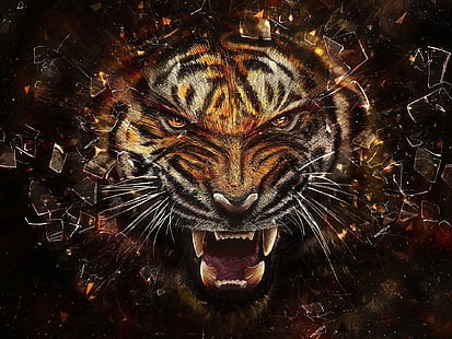 tekstil cetak naga merah dan hitam, harimau, binatang, pecahan kaca, Wallpaper HD HD wallpaper
