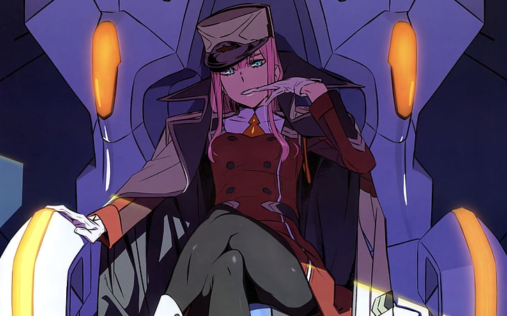 pink-haired female anime character wearing coat sitting on purple chair illustration, Anime, Darling in the FranXX, Blue Eyes, Glove, Hat, Long Hair, Pink Hair, Smile, Zero Two (Darling in the FranXX), HD wallpaper