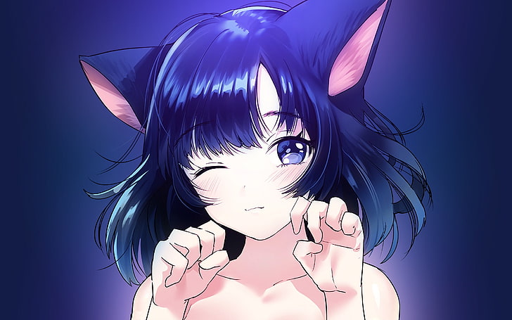 animacyjna dziewczyna, kocie uszy, neko, mrugnięcie, niebieskie włosy, Anime, Tapety HD