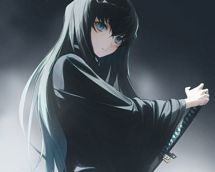 Kimetsu no Yaiba, Tokitou Muichirou, männlich, schwarzes Haar, blaue Augen, Katana, Schwert, langes Haar, japanische Kleidung, dunkel, Waffe, HD-Hintergrundbild