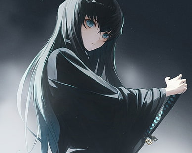 Kimetsu no Yaiba, tokitou muichirou, мъжки, черна коса, сини очи, катана, меч, дълга коса, японски дрехи, тъмно, оръжие, HD тапет HD wallpaper