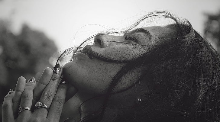 women's ring with gemstone, girl, face, hair, black and white, ring, hands, profile, manicure, closed eyes, HD wallpaper