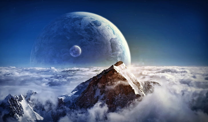 rocky snowcap mountain on horizon with moon and planet wallpaper, space, clouds, planet, height, mountain, satellite, peak, HD wallpaper