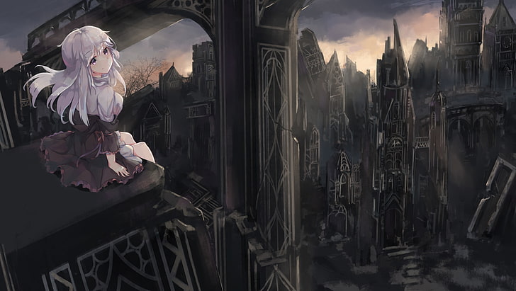 Gothic Anime Girl, dunkle Welt, weißes Haar, lächelnd, Anime, HD-Hintergrundbild
