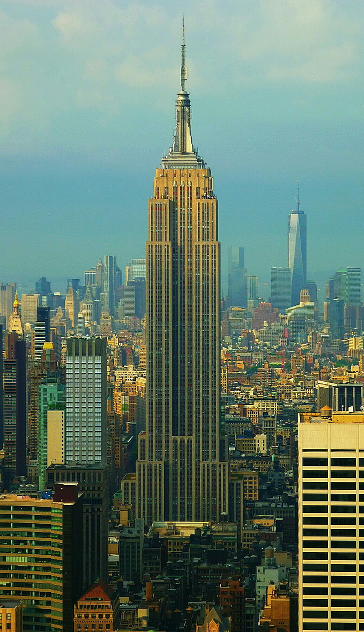 edificio di cemento grigio, New York City, Empire State Building, One World Trade Center, paesaggio urbano, Sfondo HD, sfondo telefono